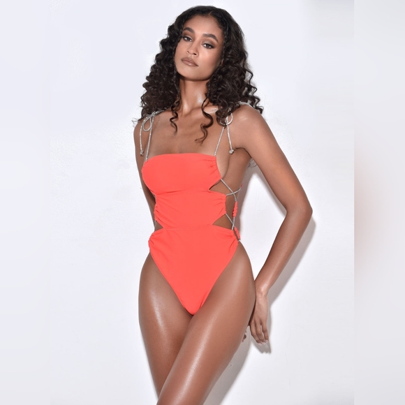 🧡Beverly Orange Red Crystal Lace Up One Piece Swimsuit - Picture 5 of 14